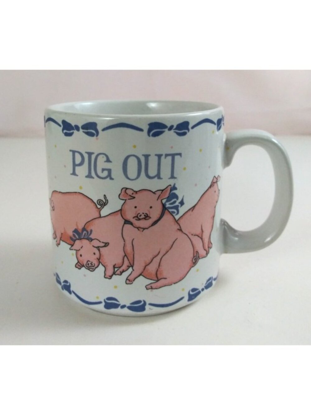 Vintage 1986 RAB Sunnycraft Pig Out Blue Bows & Cute Pigs Coffee Cup Korea